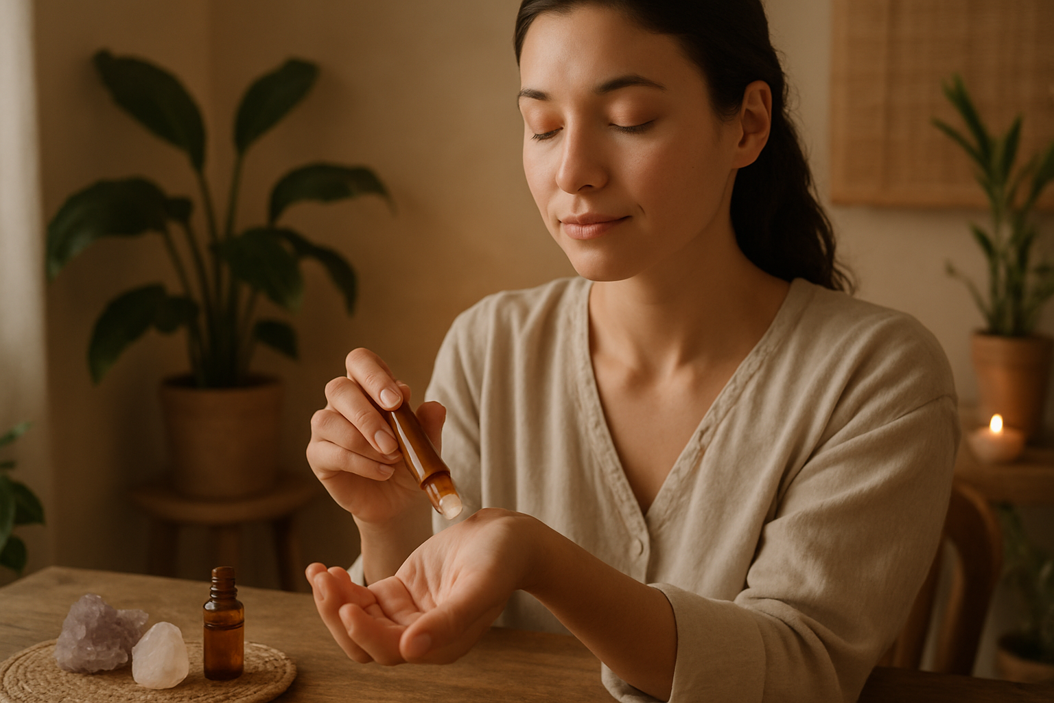 a person using essential oil roller in a calming and therapeutic environment